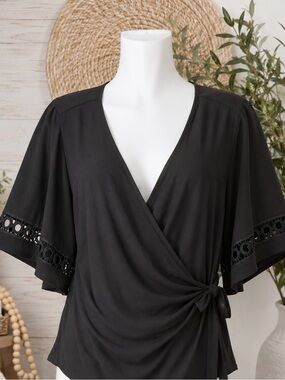SHEIN Black Wrap Blouse with Side Tie and Eyelet Sleeve Detail
